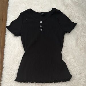Black Ribbed Button-Up Top